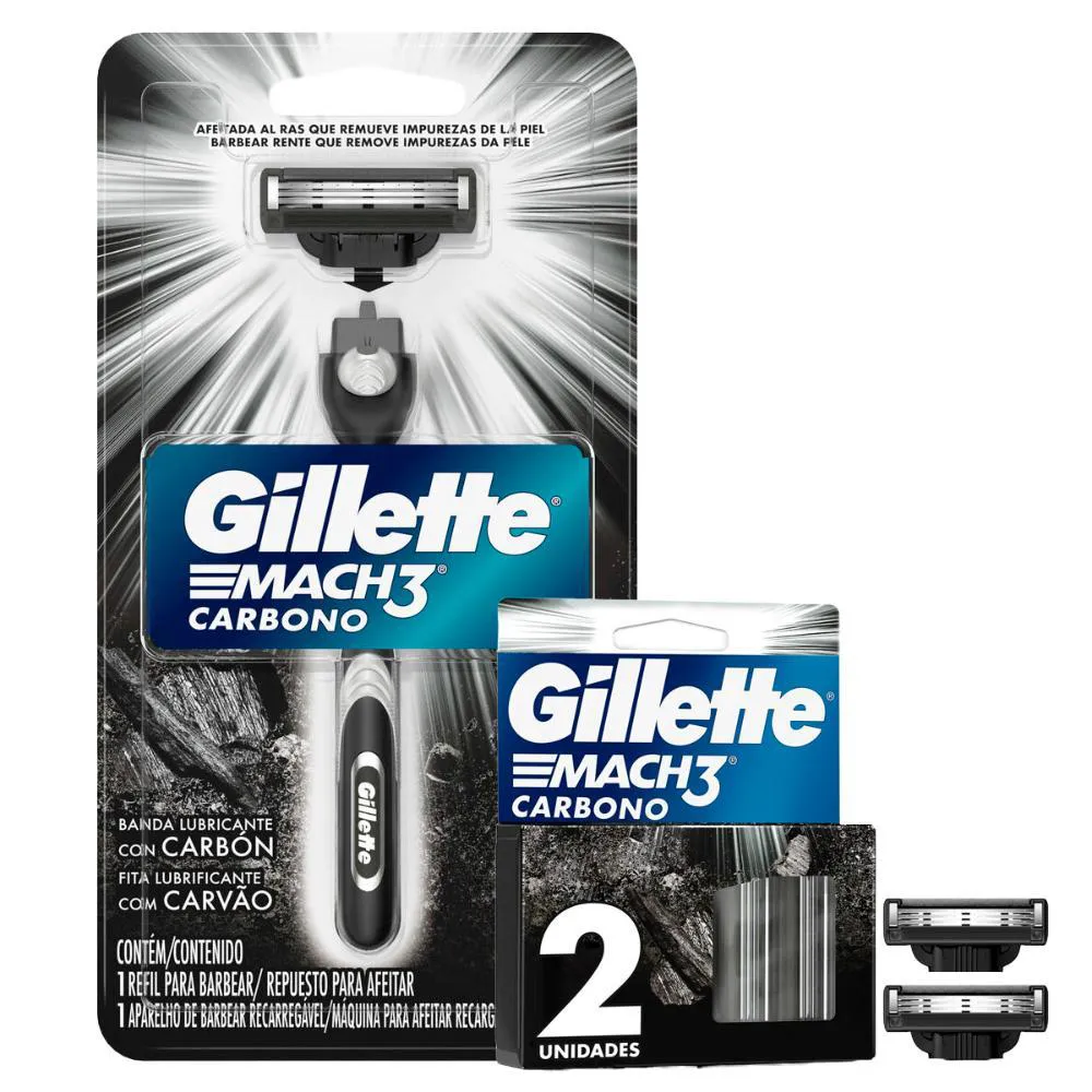 KIT APARELHO DE BARBEAR GILLETE MACH3 CARBONO + CARGA GILLETE MACH3 CARBONO 2 UNIDADES