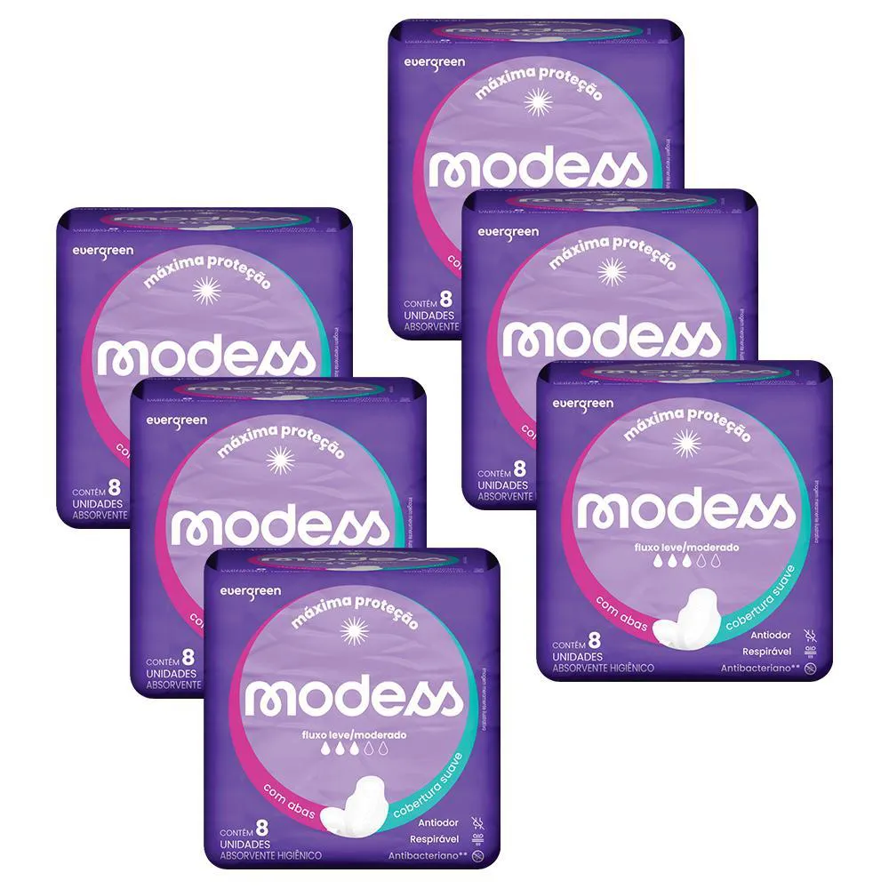KIT 6 ABSORVENTES MODESS MALHA SUAVE COM ABAS 8UN CADA