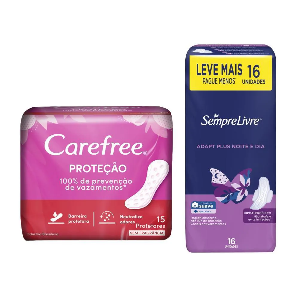 KIT ABSORVENTE SEMPRE LIVRE ADAPT PLUS SUAVE COM ABAS - 16 UNI + PROTETOR DIáRIO CAREFREE PROTEçãO SEM PERFUME 15 UNI
