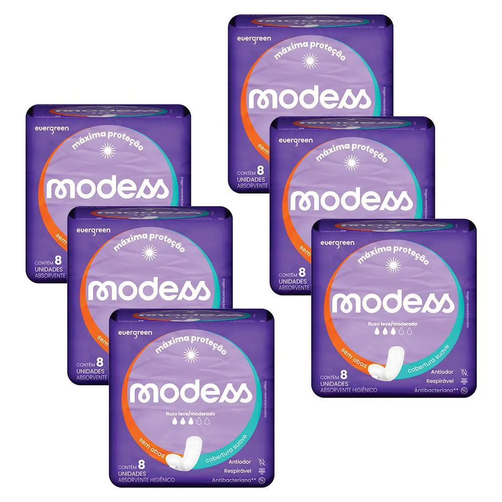 KIT 6 ABSORVENTES MODESS MALHA SUAVE SEM ABAS 8UN CADA