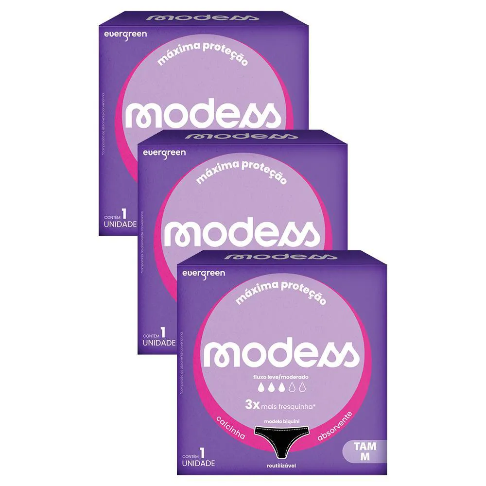 KIT 3 CALCINHAS ABSORVENTE MODESS FLUXO LEVE/MODERADO M