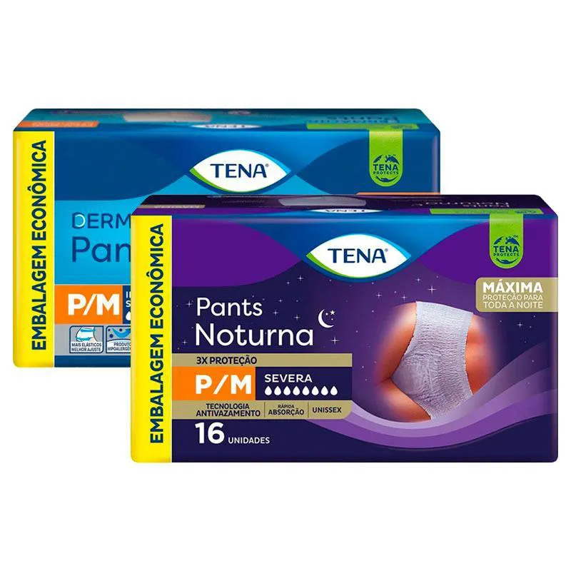 KIT ROUPA ÍNTIMA TENA DERMACARE PANTS P/M COM 16 UNIDADES + ROUPA ÍNTIMA TENA PANTS NOTURNA P/M 16 UNIDADES