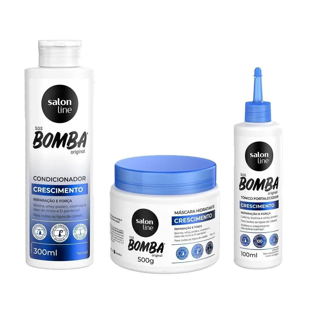 KIT COM CONDICIONADOR E MáSCARA DE HIDRATAçãO SOS BOMBA ORIGINAL E TôNICO FORTALECEDOR CRESCIMENTO ACELERADO SALON LINE