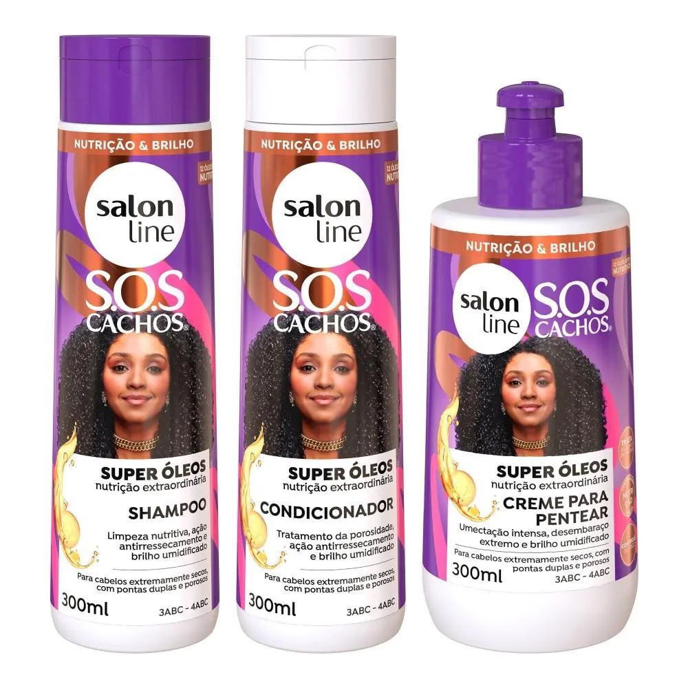 KIT SOS CACHOS SUPER ÓLEOS COM SHAMPOO E CONDICIONADOR E CREME PARA PENTEAR SALON LINE