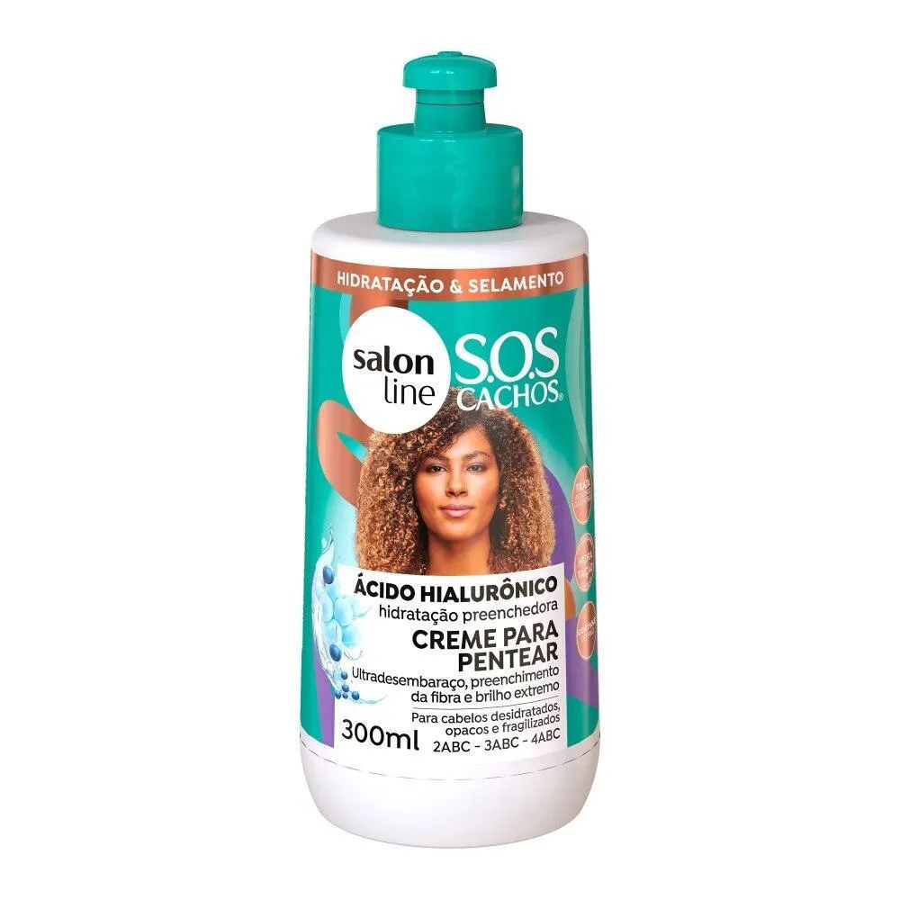SALON LINE, CREME DE PENTEAR, SOS CACHOS, ÁCIDO HIALURôNICO, HIDRATAçãO PREENCHEDORA - CABELOS ONDULADOS, CACHEADOS E CRESPOS, 300 ML