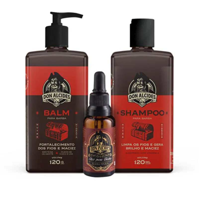 KIT SHAMPOO, BALM E óLEO PARA BARBA BARBA NEGRA DON ALCIDES