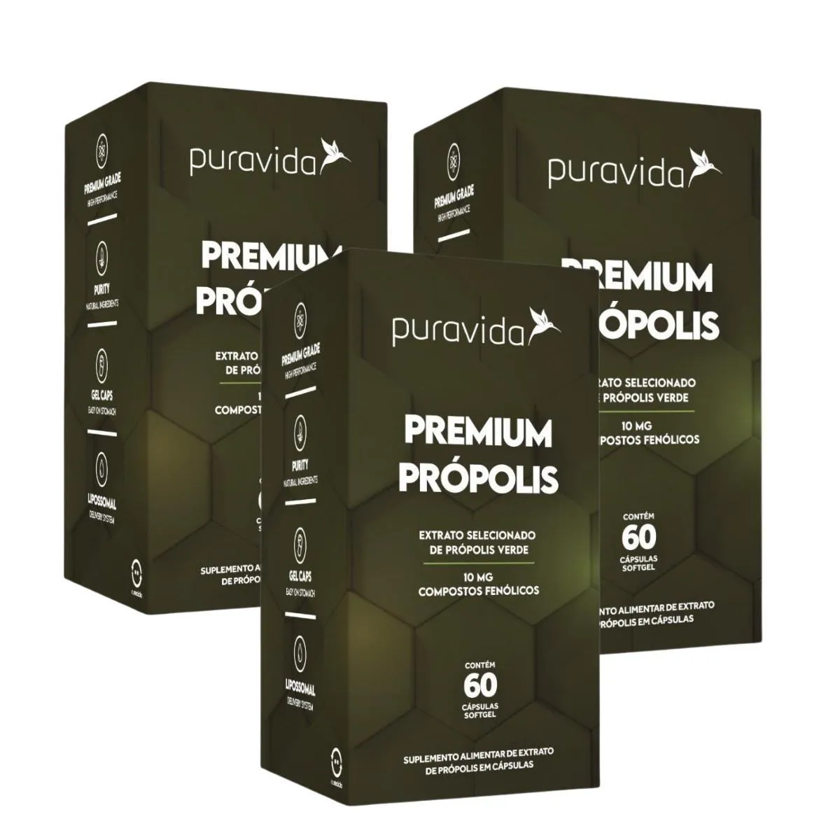 KIT 3 PRóPOLIS VERDE PURAVIDA COMPOSTOS FENóLICOS 250MG Sem Sabor