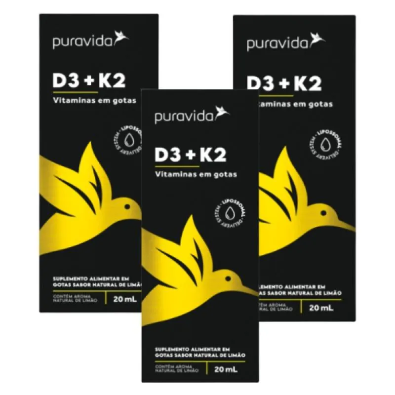 KIT 3 VITAMINA D3 + K2 EM GOTAS BIODISPONíVEL PURAVIDA Limão