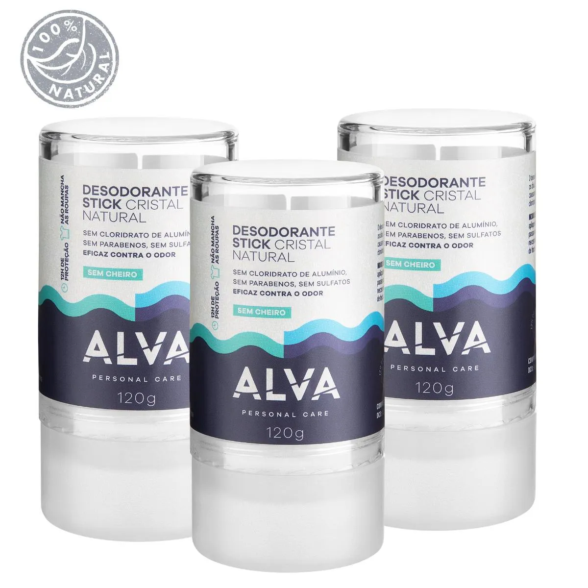 Kit Desodorante Vegano Sem Alumínio Stick Cristal Alva Personal Care Cristal Natural 12h Sem Perfume 120g 3 unidades