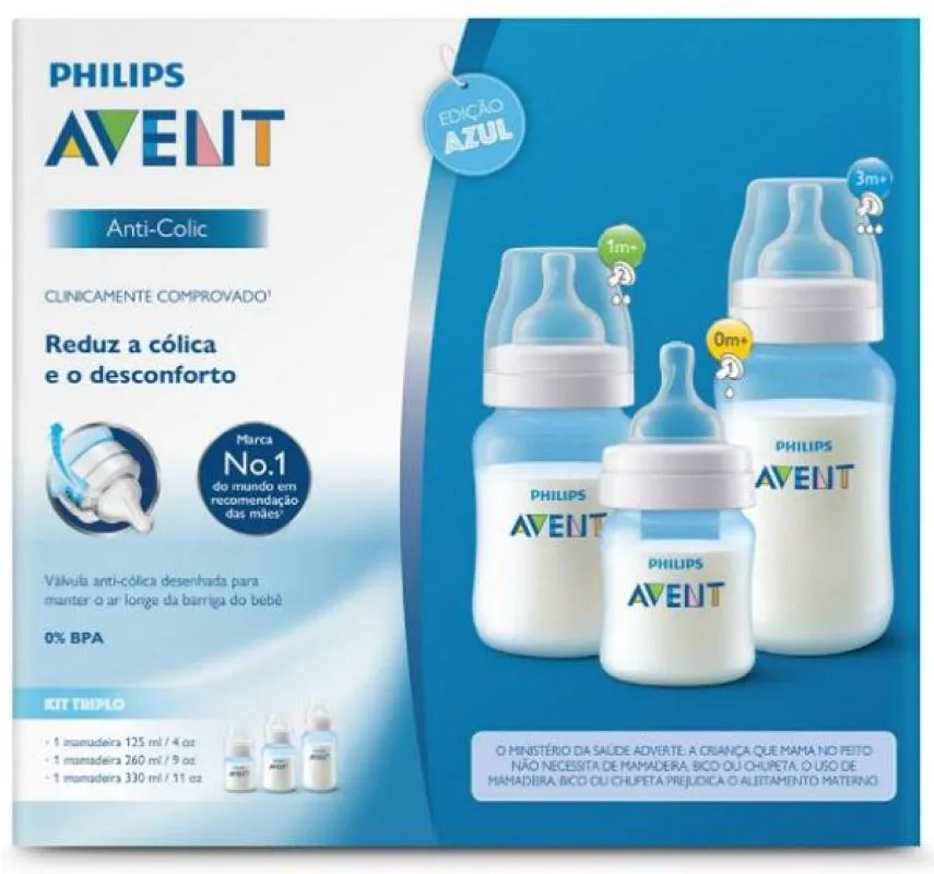 KIT 3 MAMADEIRA CLASSIC AZUL 125, 260, 330ML PHILIPS AVENT SCD809/43