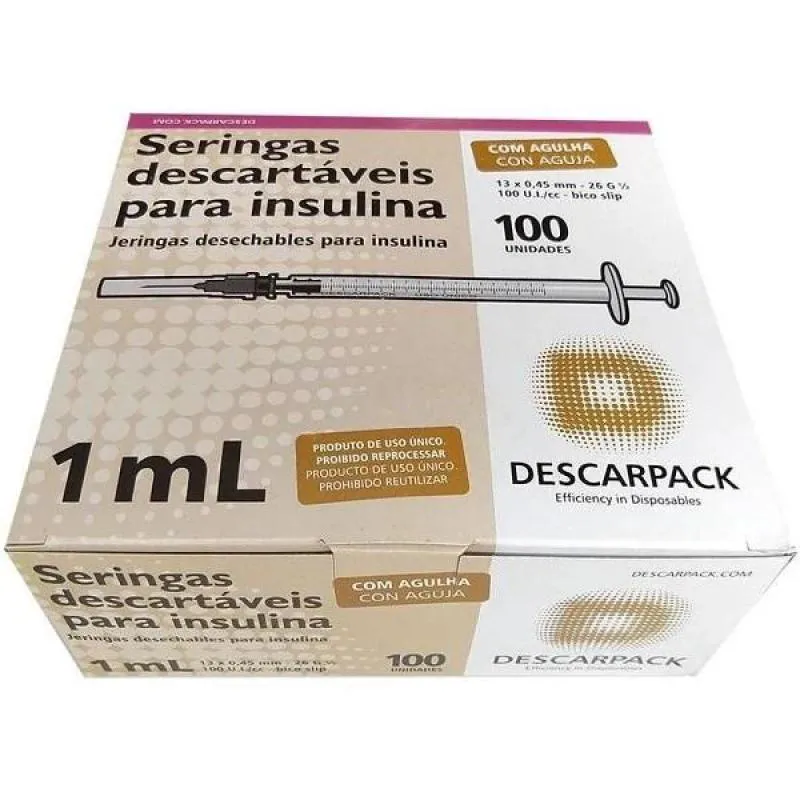 SERINGA COM AGULHA PARA INSULINA 100 UNIDADES 1ML 13 X 0,45MM DESCARPACK