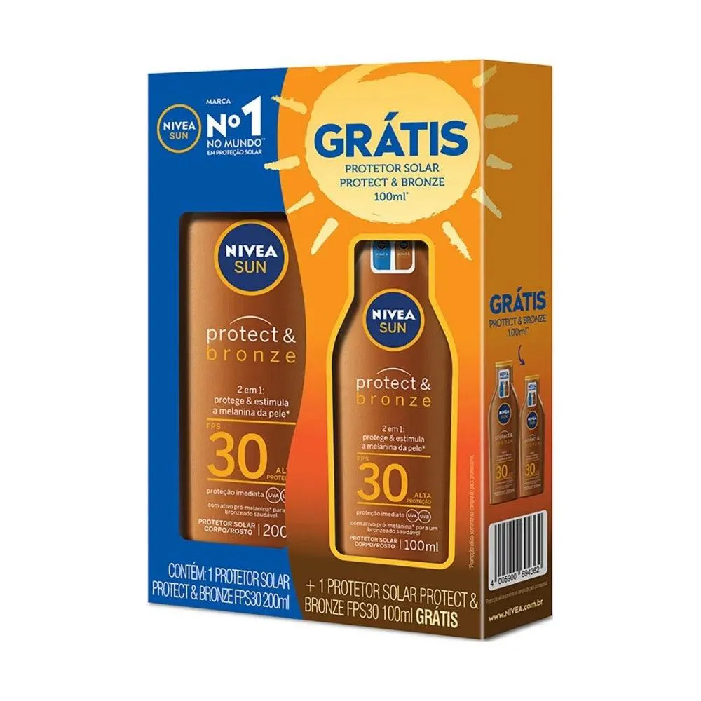 PROTETOR SOLAR NIVEA FPS30 PROTECT BRONZE 200ML + GRáTIS PROTETOR SOLAR 100ML