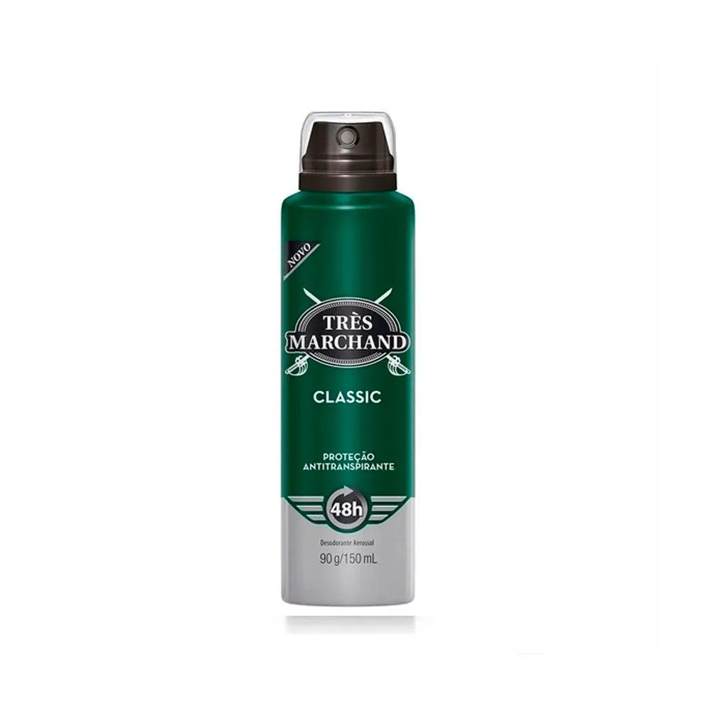Desodorante Antitranspirante Aerosol Très Marchand Classic Masculino 24h Ação Antibacteriana 150ml