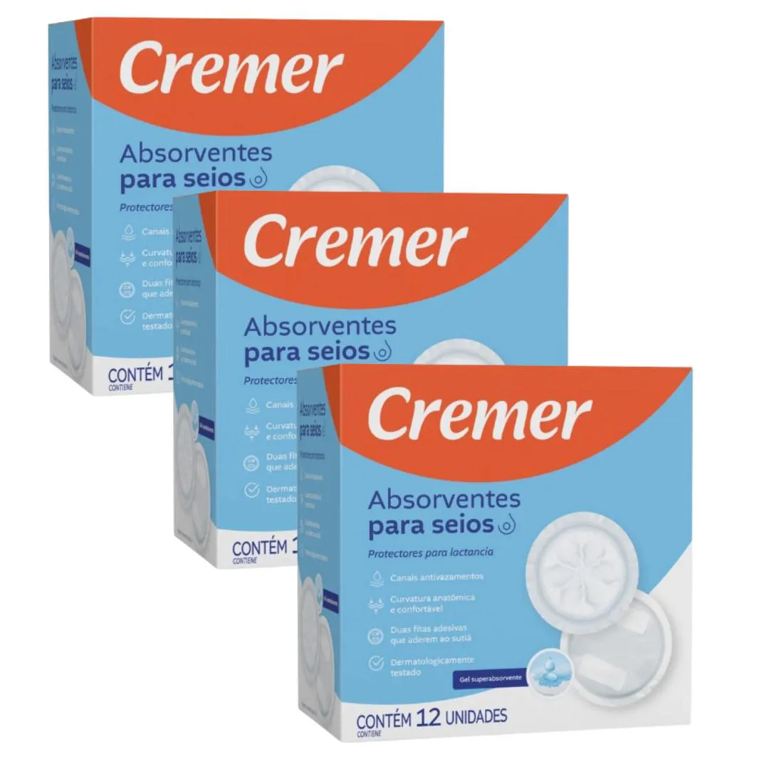 KIT 3UNI ABSORVENTE DE SEIOS COM 12 UNI - CREMER