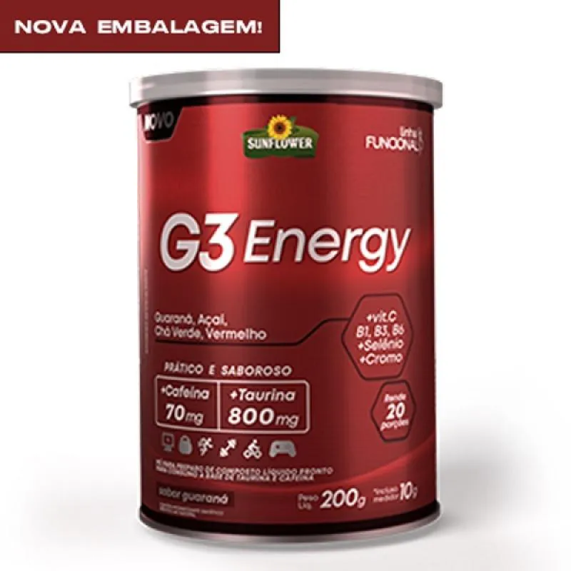 Termogênico G3 Energy Cafeína 70 mg + Taurina 800mg Sunflower Guaraná 200g