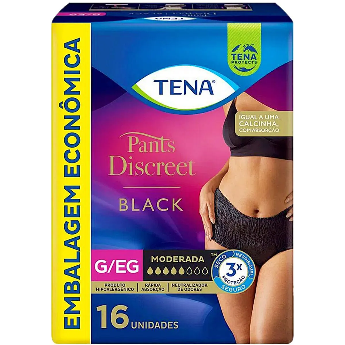 ROUPA ÍNTIMA DESCARTáVEL TENA PANTS DISCREET BLACK G/EG - 16 UNIDADES