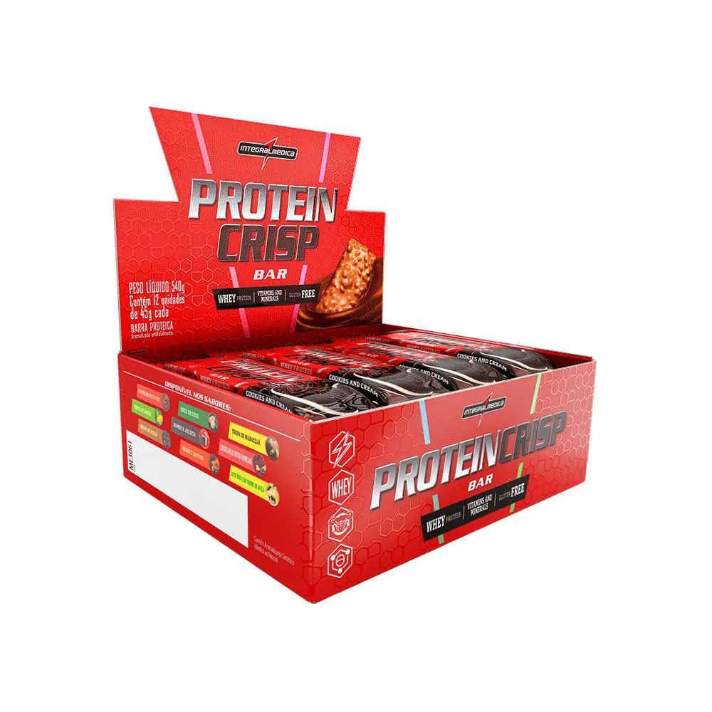 Barra de Proteína Whey Integralmedica Protein Crisp Bar Cookies & Cream 45g 12 unidades 