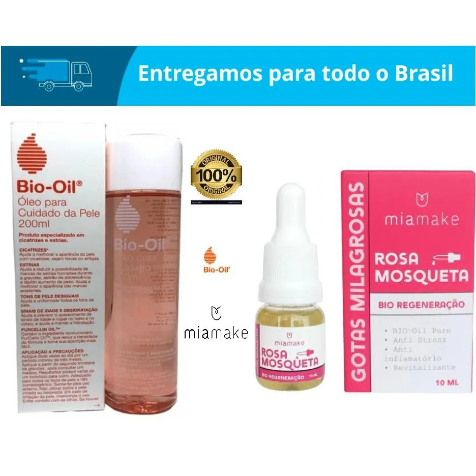 KIT ÓLEO BIO-OIL 200ML + ÓLEO ROSA MOSQUETA MIA MAKE 10ML
