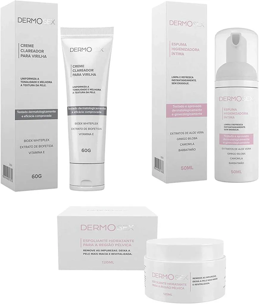 KIT DERMOSEX 03 PRODUTOS CLAREADOR, ESFOLIANTE E ESPUMA