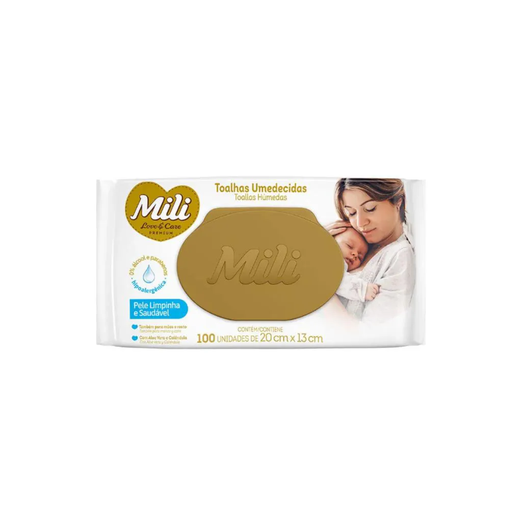 Lenço Umedecido Mili Love & Care Premium Hipoalergênico Camomila Calêndula 100 Unidades