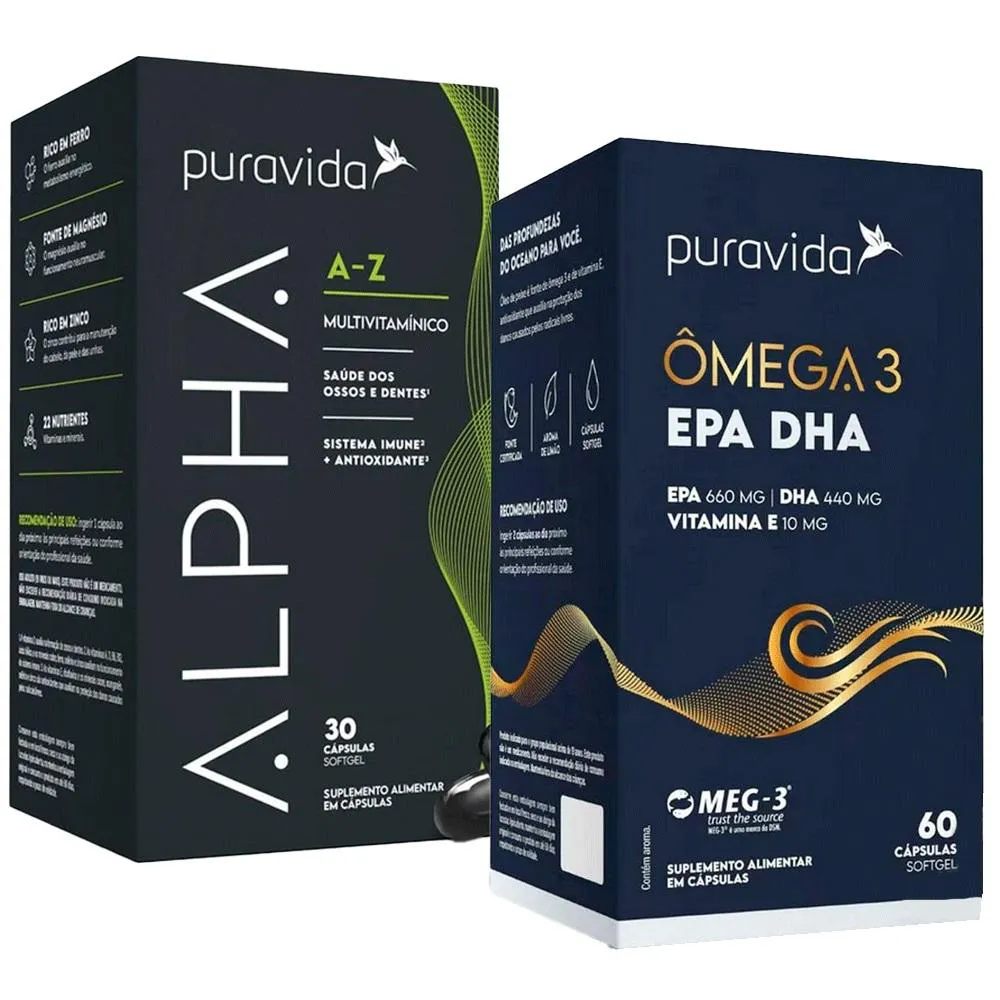 KIT MULTIVITAMíNICO ALPHA A-Z - 30 CAPS + OMEGA 3 EPA + DHA - 60 CAPS - PURA VIDA