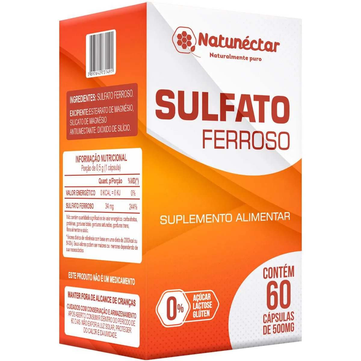 SULFATO FERROSO - 500MG 60 CáPSULAS - NATUNéCTAR