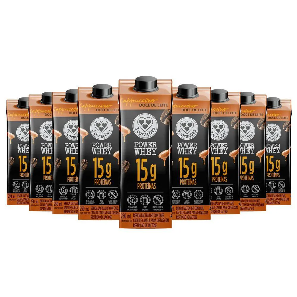 BEBIDA PROTEICA POWER WHEY CAPPUCCINO DOCE DE LEITE 3 CORAçõES (CX 12UN DE 250ML) Unica