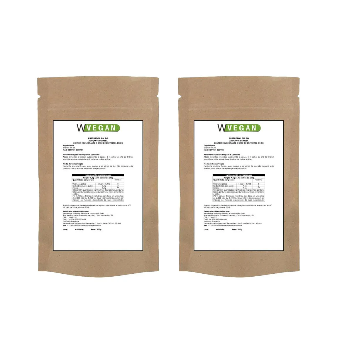 ERITRITOL 1KG EMBALAGEM REFIL WVEGAN VEGANO