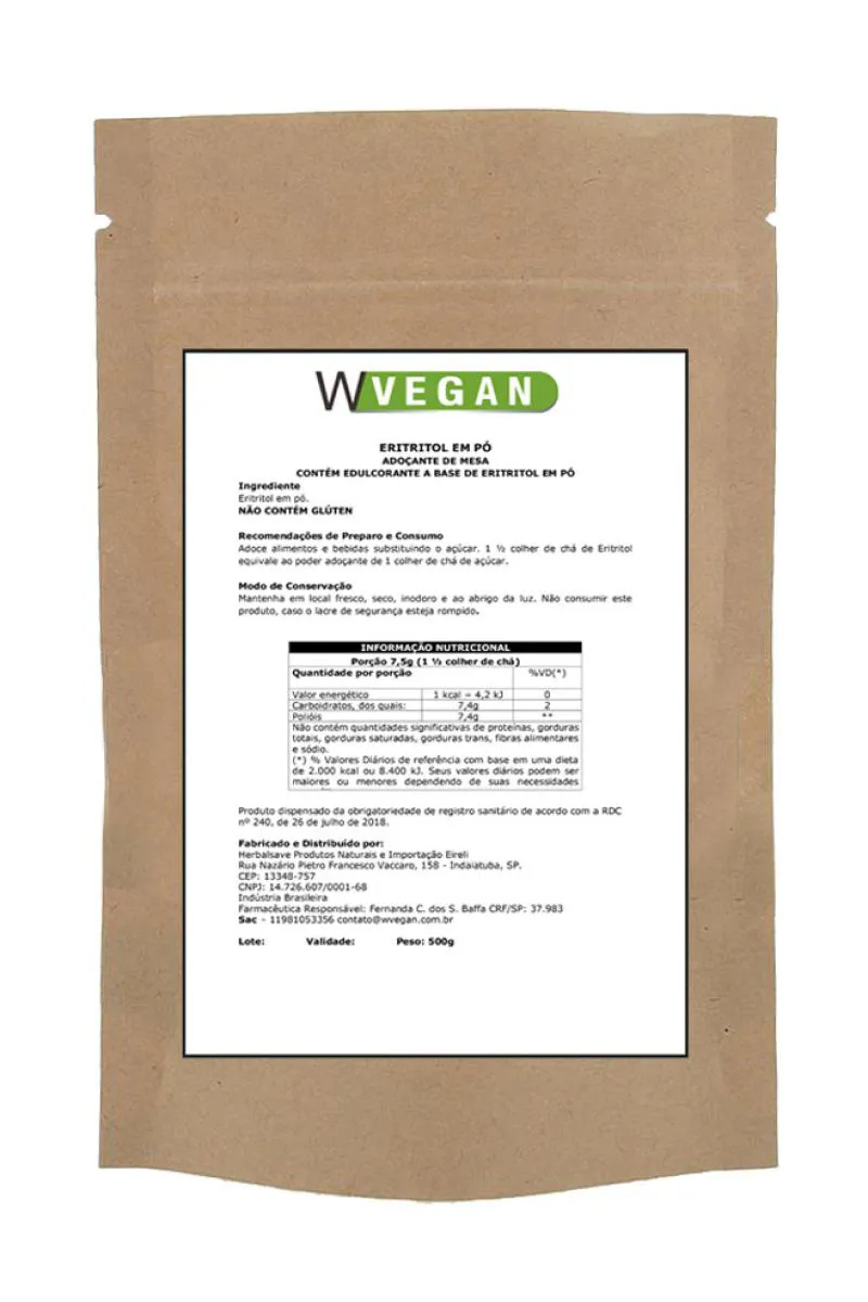 ERITRITOL 500G EMBALAGEM REFIL WVEGAN VEGANO