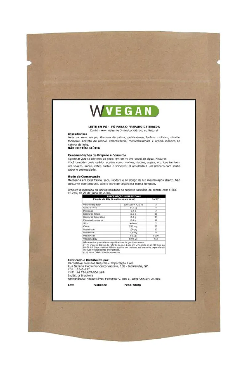 LEITE EM Pó VEGETAL ARROZ 500G EMBALAGEM REFIL WVEGAN