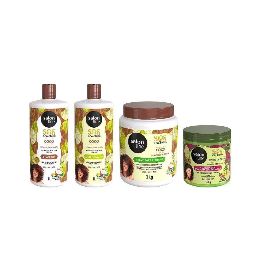 KIT COM CREME PARA PENTEAR E SHAMPOO E CONDICIONADOR 1L E  GEL DEFINIDOR SOS CACHOS SALON LINE