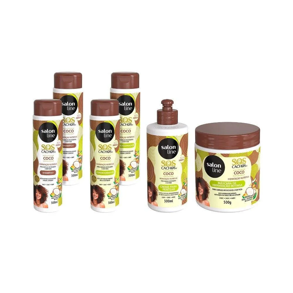 KIT SOS CACHOS COCO 2 SHAMPOOS E 2 CONDICIONADORES E CREME DE PENTEAR 1KG E MáSCARA SALON LINE