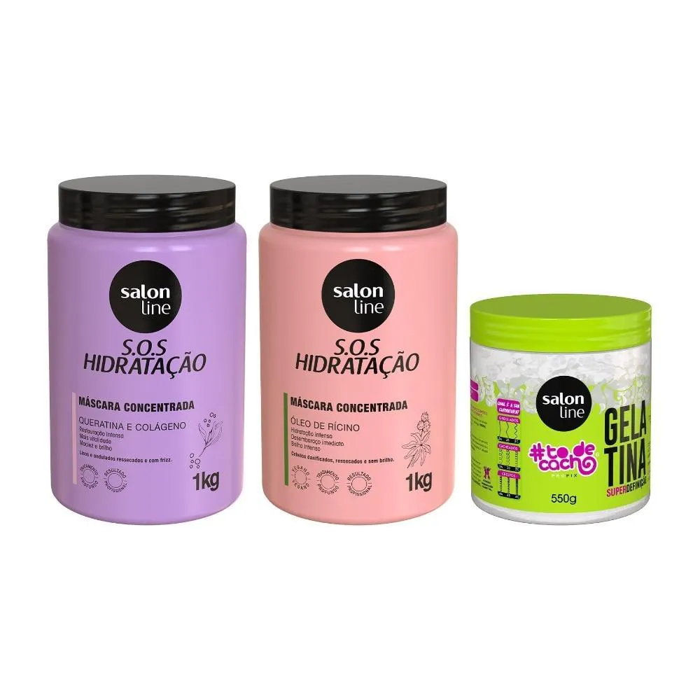 KIT COM 2 MáSCARAS DE HIDRATAçãO SOS HIDRATAçãO E GELATINA TODECACHO SUPER DEFINIçãO SALON LINE