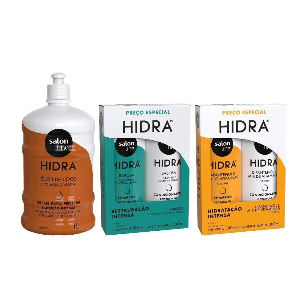KIT COM 2 SHAMPOOS E 2 CONDICIONADORES E CREME PARA PENTEAR HIDRA SALON LINE
