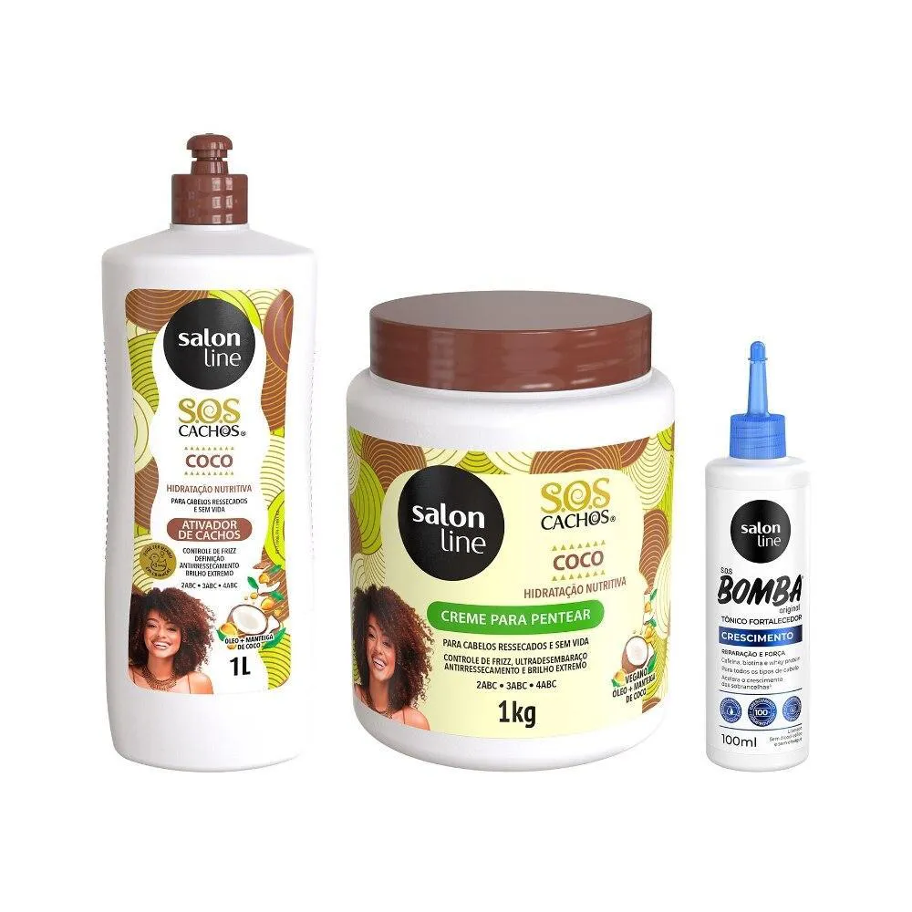 KIT COM ATIVADOS DE CACHOS AZEITE DE OLIVA E CREME PARA PENTEAR TRATAMENTO PROFUNDO E TôNICO FORTALECEDOR SALON LINE