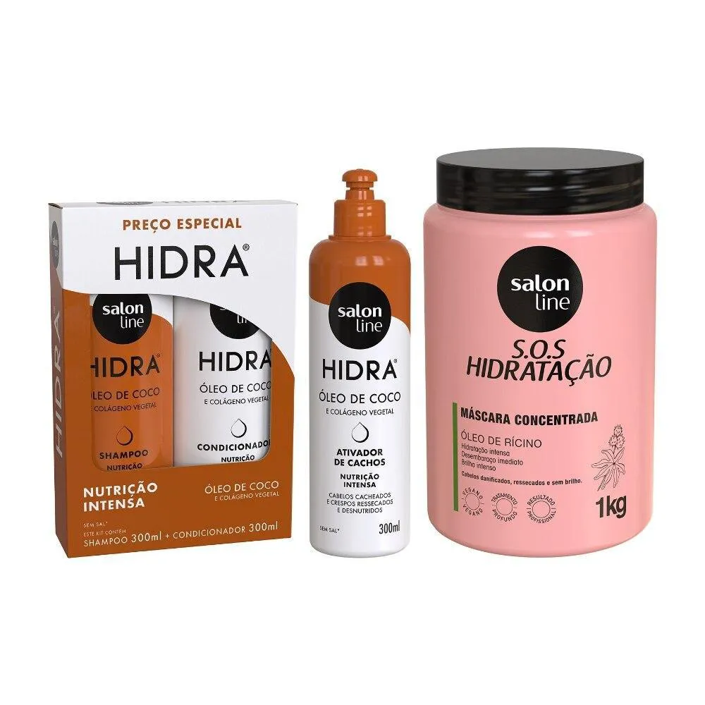 KIT COM SHAMPOO, CONDICIONADOR, ATIVADOR DE CACHOS HIDRA COCO E MáSCARA SOS HIDRATAçãO TURBINADA SALON LINE
