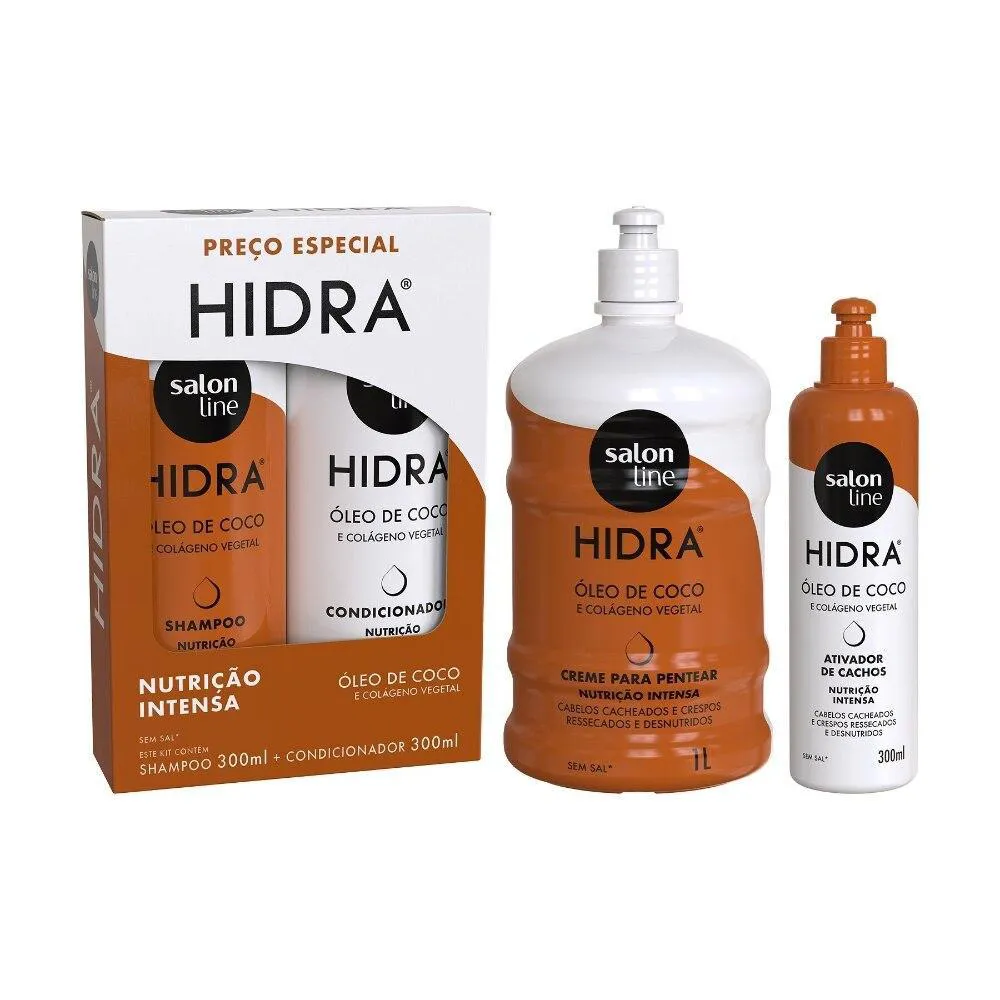 KIT HIDRA COCO ATIVADOR DE CACHOS 300ML E CREME PARA PENTEAR 1L SALON LINE