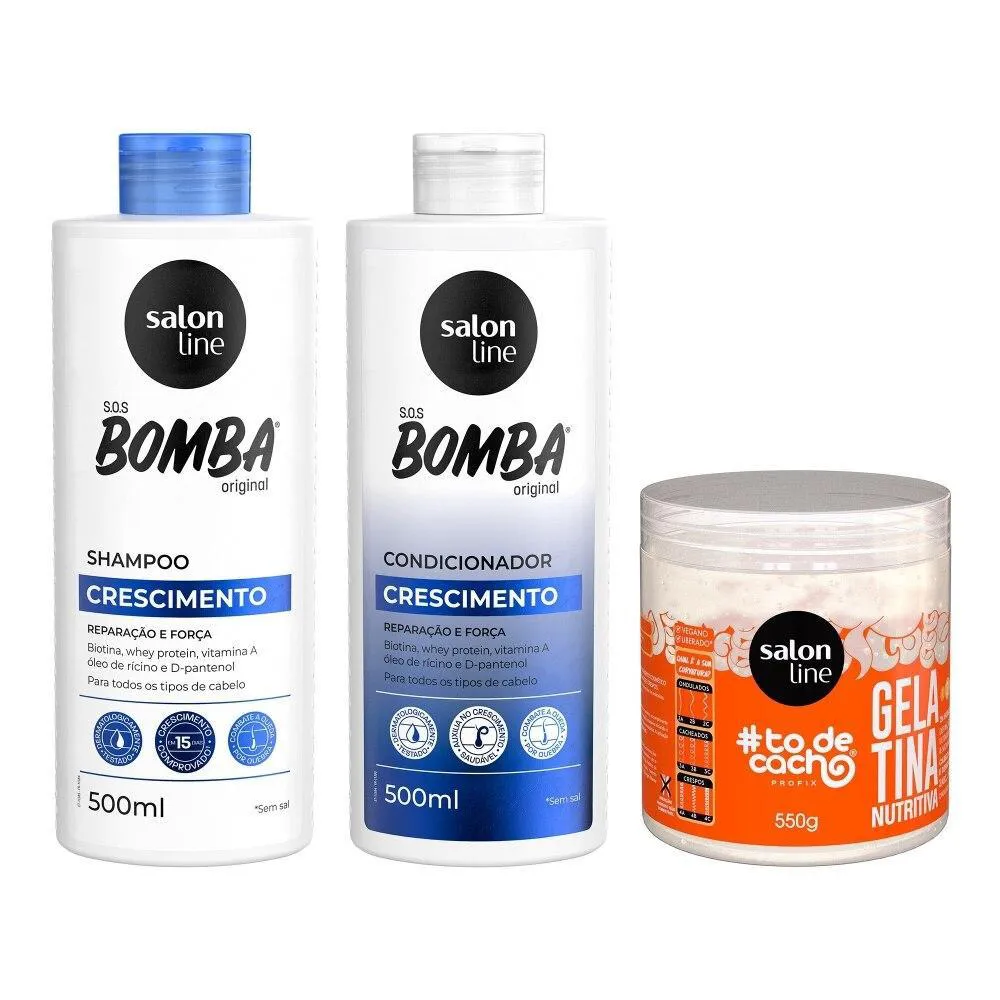 KIT SHAMPOO E CONDICIONADOR SOS BOMBA CRESCIMENTO + GELATINA NUTRITIVA #TODECACHO
