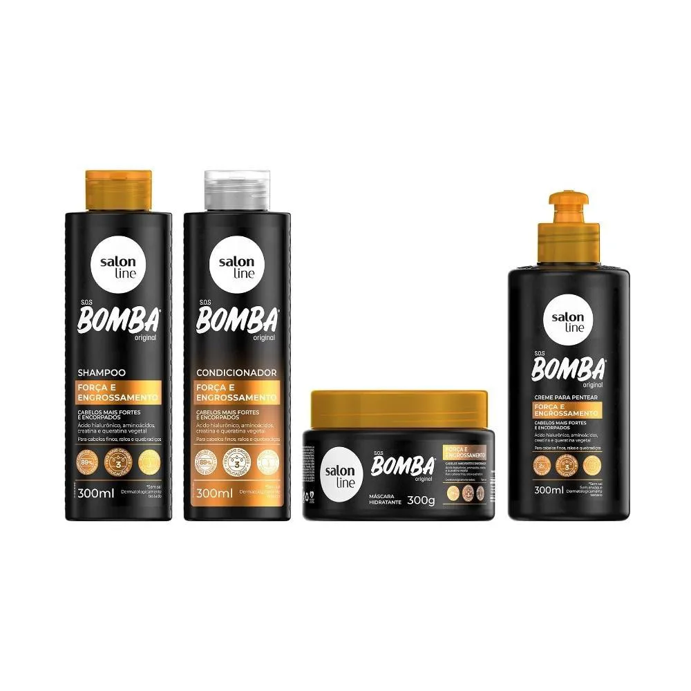 KIT SHAMPOO, CONDICIONADOR, CREME PARA PENTEAR E MáSCARA SOS BOMBA FORçA E ENGROSSAMENTO