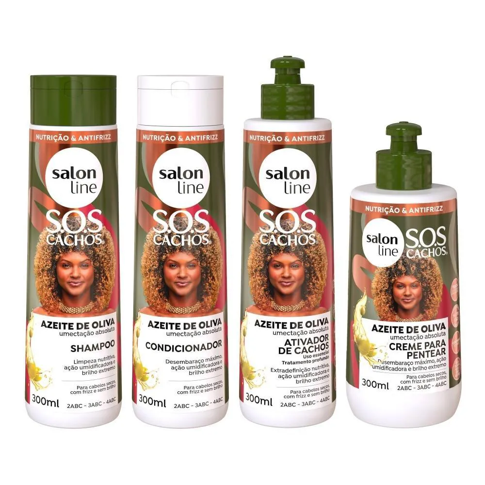 KIT SHAMPOO, CONDICIONADOR, ATIVADOR DE CACHOS E CREME PARA PENTEAR SOS CACHOS AZEITE DE OLIVA