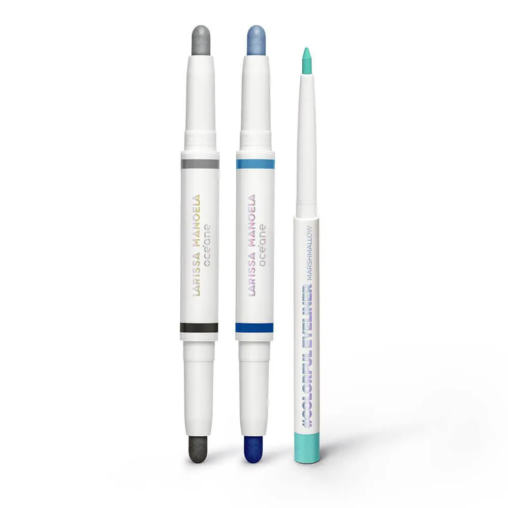 KIT SOMBRA EM BASTãO DUPLA AZUL + SOMBRA EM BASTãO DUPLA PRATA + LáPIS DELINEADOR AZUL LARISSA MANOELA BY OCéANE (3 PRODUTOS)