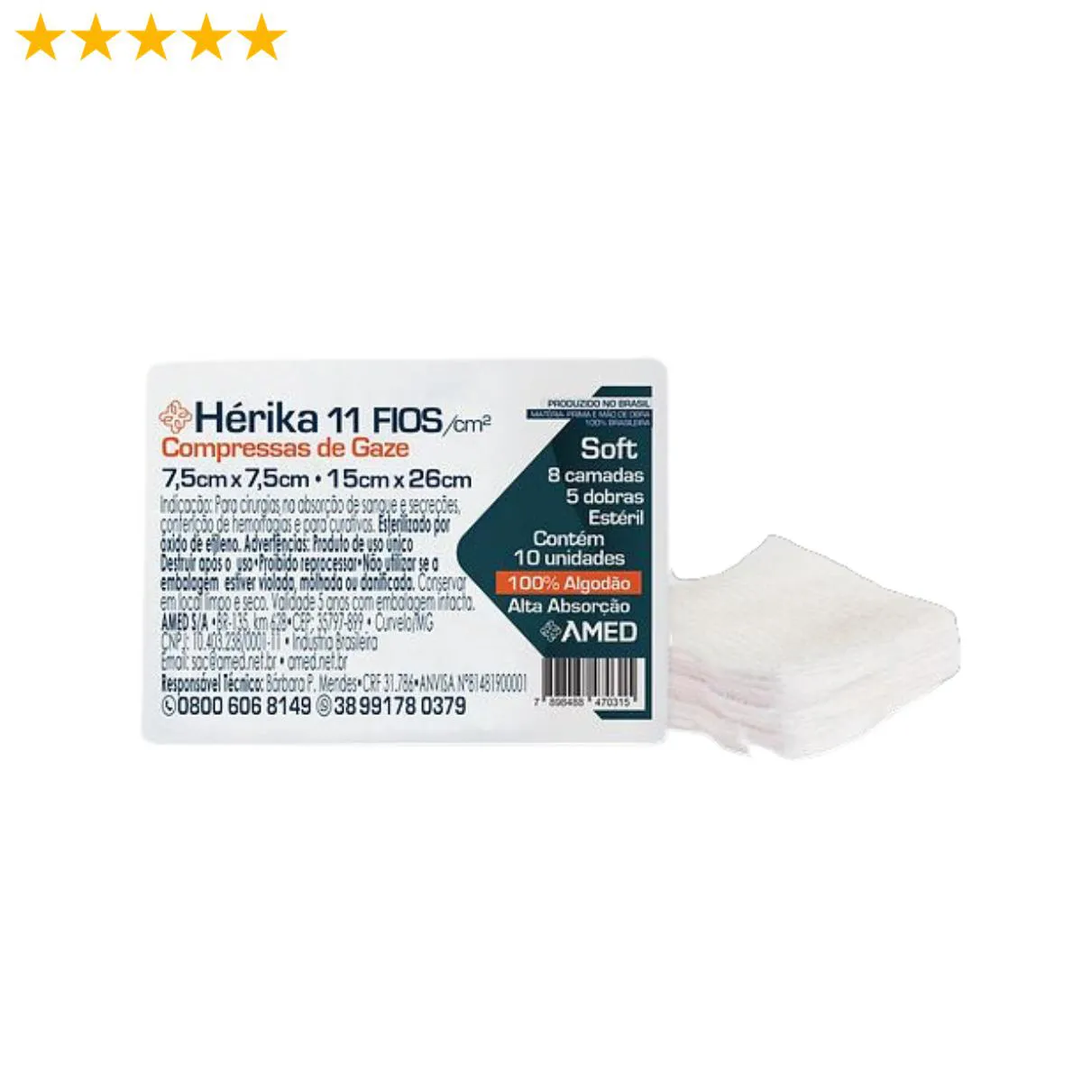 KIT 10 PCT COMPRESSA DE GAZE ESTéRIL HéRIKA 7,5CM X 7,5CM 11 Fios 15cm X 26cm