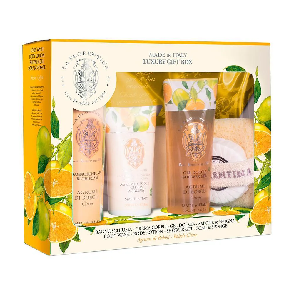 KIT LA FLORENTINA SPA BOBOLI CITRUS - ESPUMA DE BANHO E SABONETE EM BARRA E LOçãO CORPORAL E GEL DE BANHO E ESPONJA