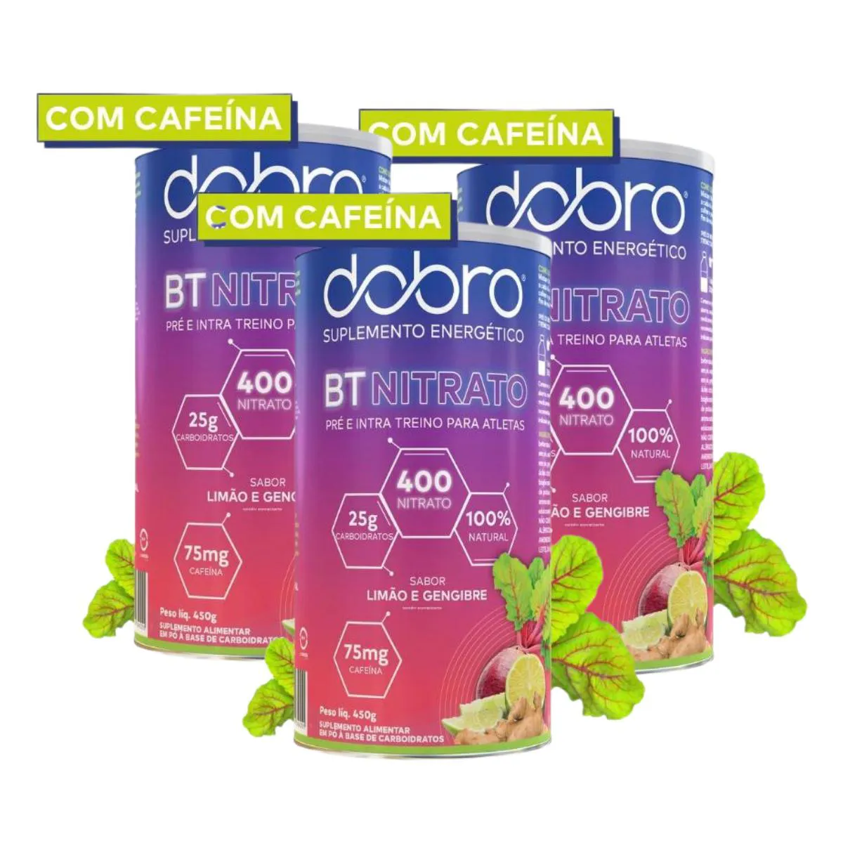 3X BT NITRATO DOBRO COM CAFEíNA LIMãO E GENGIBRE 450G