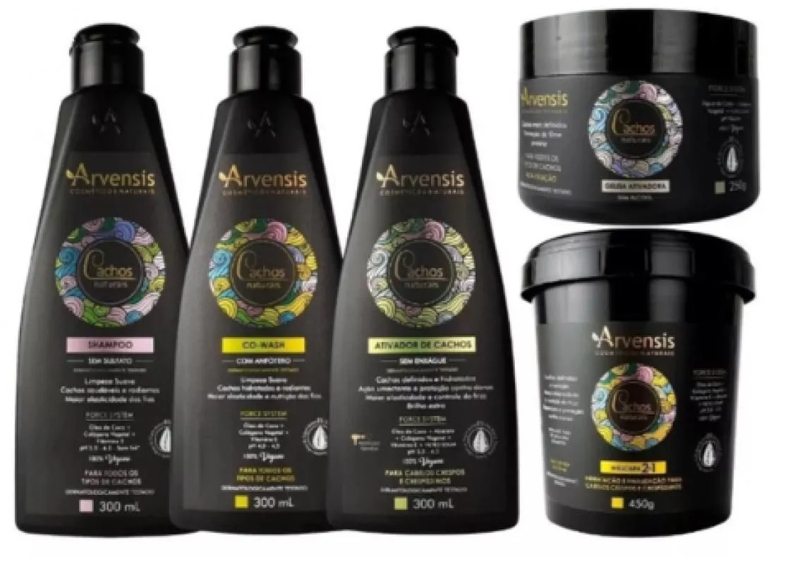 KIT ARVENSIS CACHOS SHAMPOO + COWASH + ATIVADOR CACHOS NATURAIS CRESPOS E CRESPISSIMOS + GELEIA ALTA + MASCARA