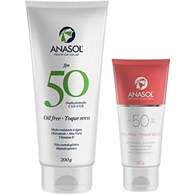 KIT ANASOL SUPER ESPECIAL FPS 50 COM  PROTETOR SOLAR FACIAL  + CORPORAL - OIL FREE COM TOQUE SECO