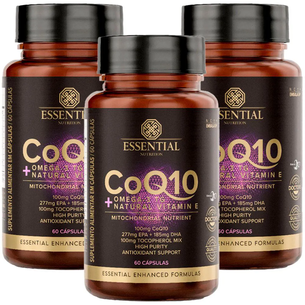 KIT 3X COENZIMA Q10 + OMEGA 3 TG +  VITAMINA E - 60 CAPS CADA - ESSENTIAL NUTRITION