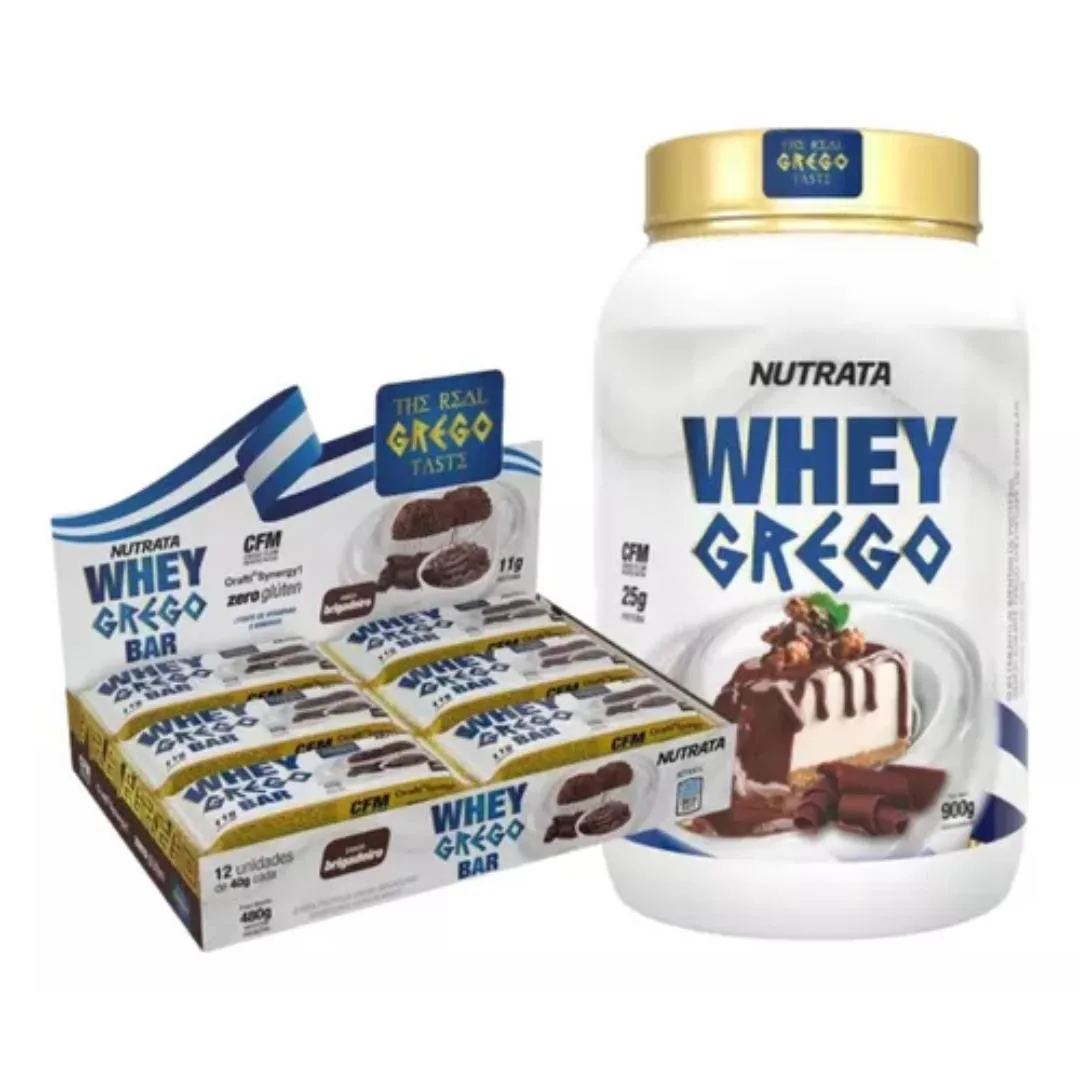 Kit Whey Protein Nutrata Grego Chocolate 900g + Barra de Proteína Nutrata Whey Grego Bar Brigadeiro 40g 12 unidades 