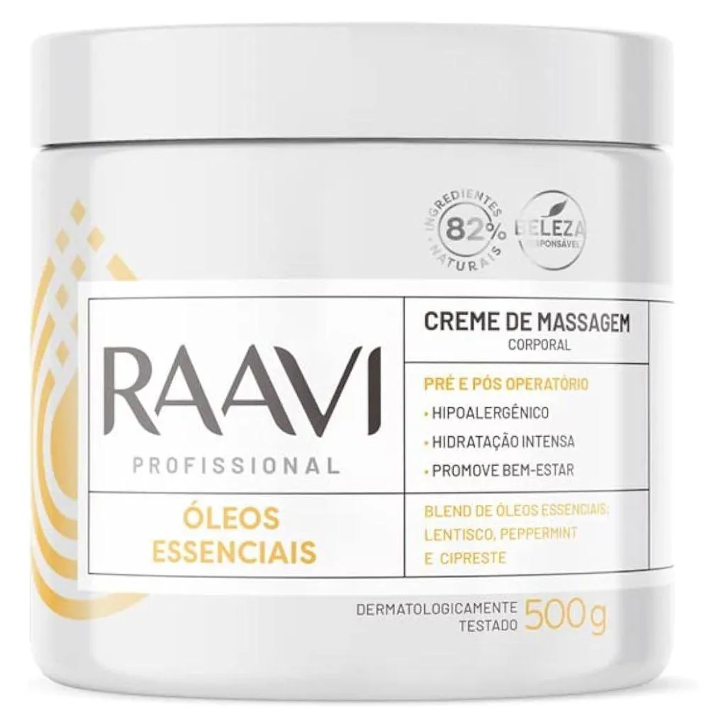 CREME DE MASSAGEM CORPORAL ÓLEOS ESSENCIAIS 500G RAAVI