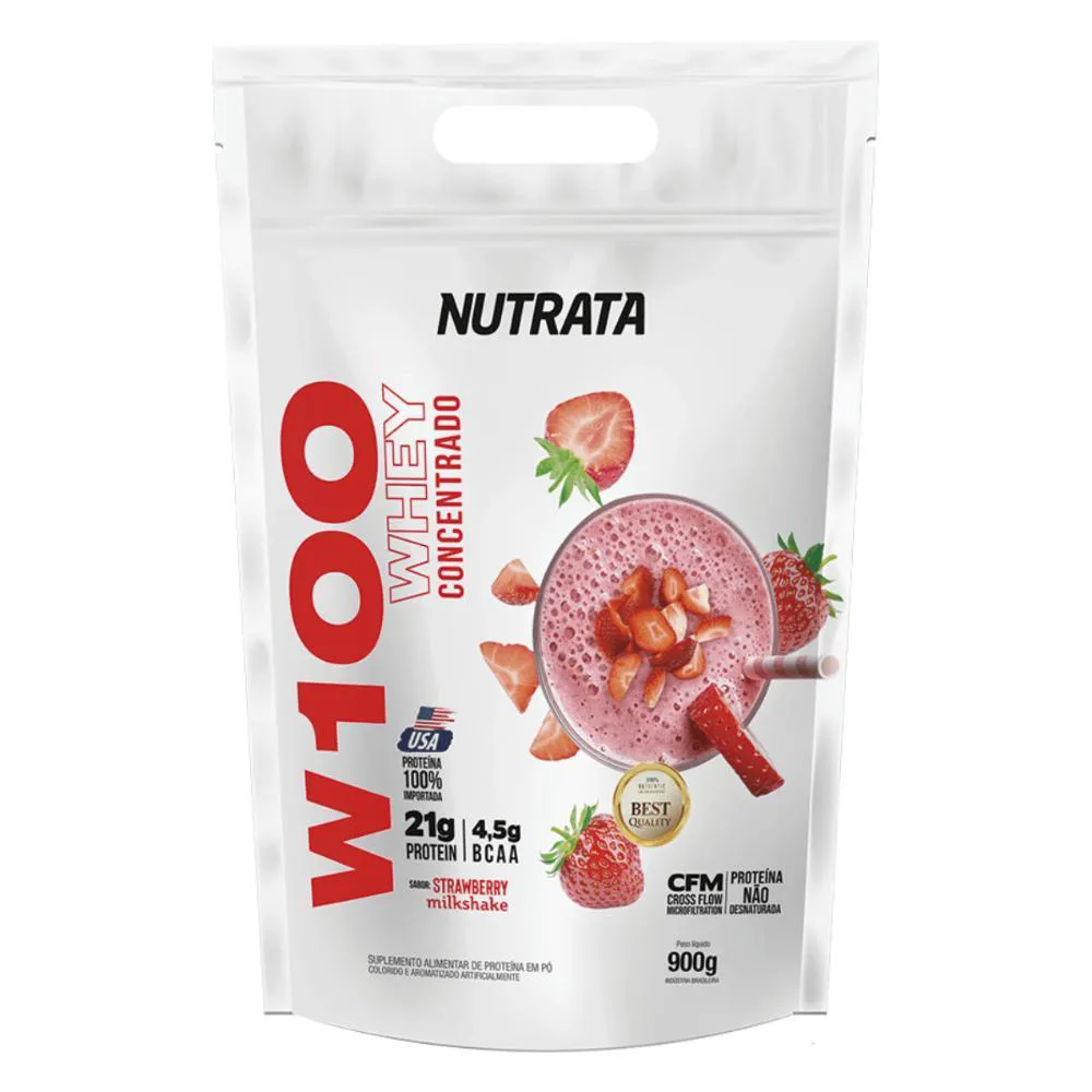 Whey Protein Nutrata W100 Concentrado Refil Morango 900g 